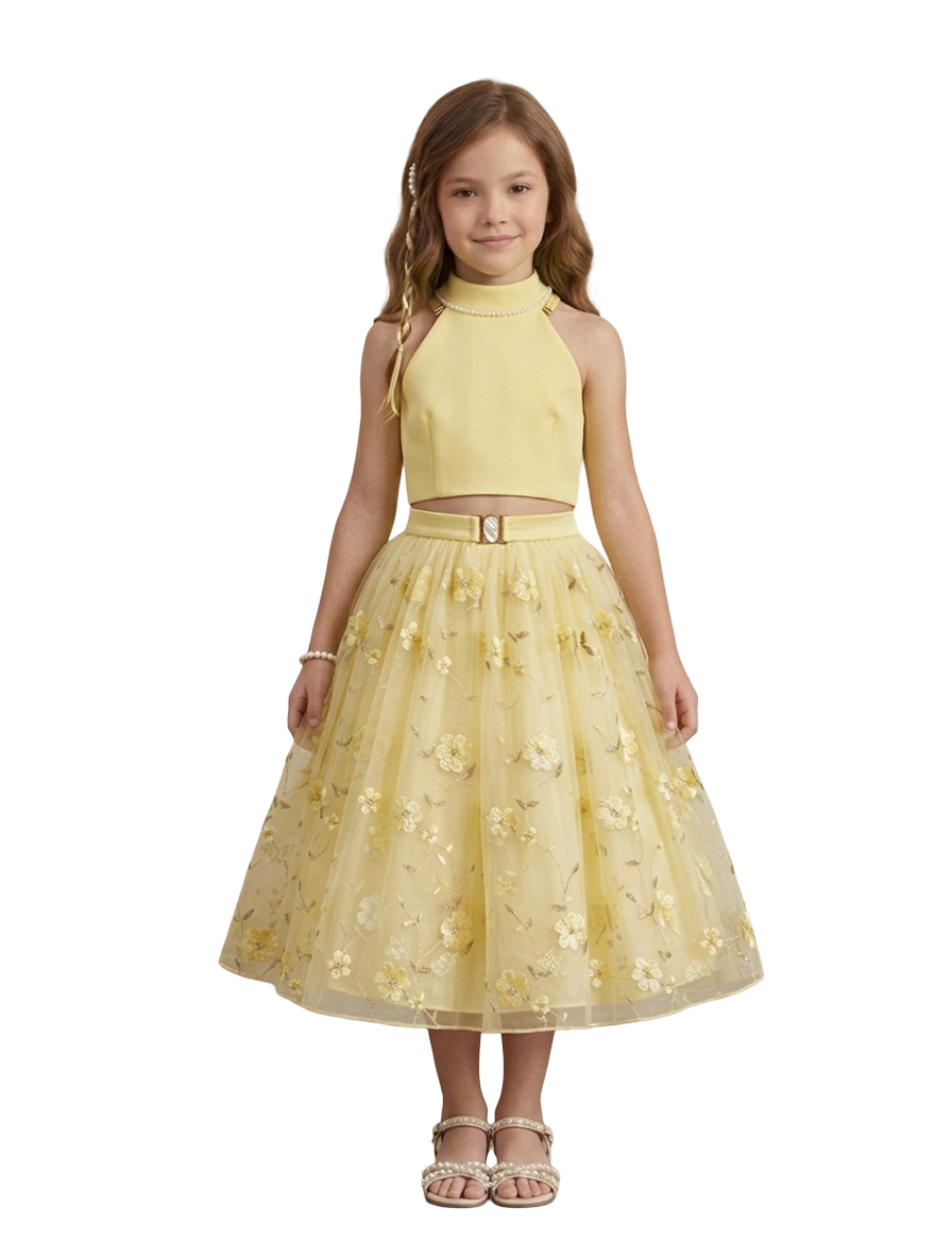 Conjunto Infantil Dourado com Blusa Cropped e Saia em Tule Bordado
