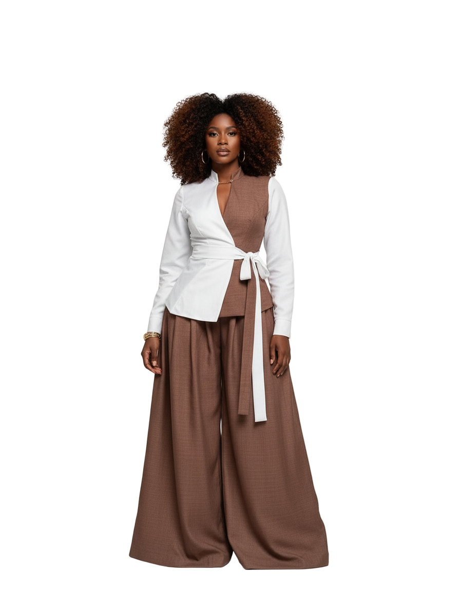 Conjunto Feminino Elegance Bicolor com Blusa Transpassada e Calça Pantalona